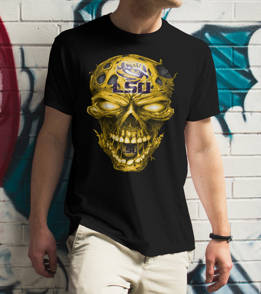 Lsu Tigers Skull Graphic With Logo And Fierce Glowing Eyes T-Shirt