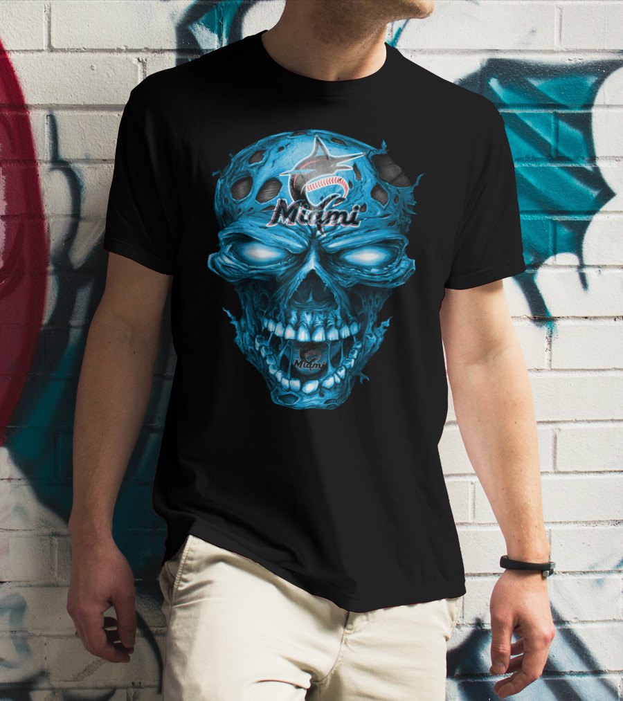 Miami Marlins Skull Blue Baseball T-Shirt