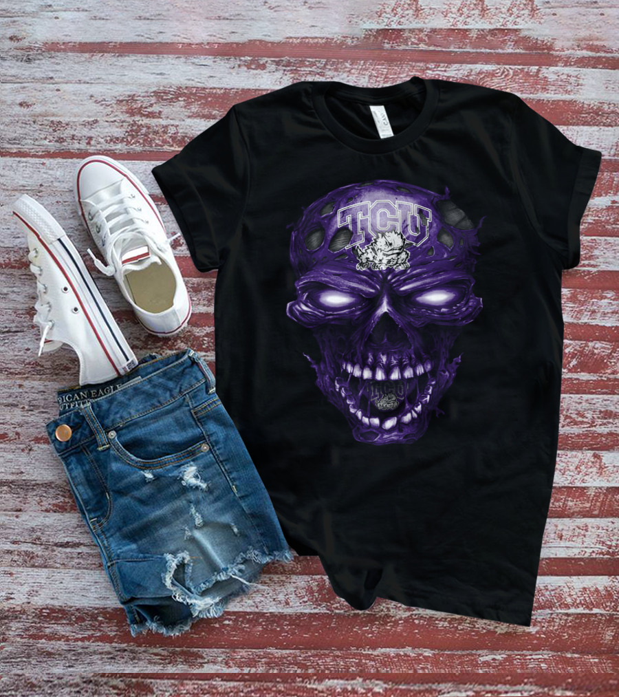 Tcu Horned Frogs Skull Purple Head With Frog And Bold Tcu T-Shirt