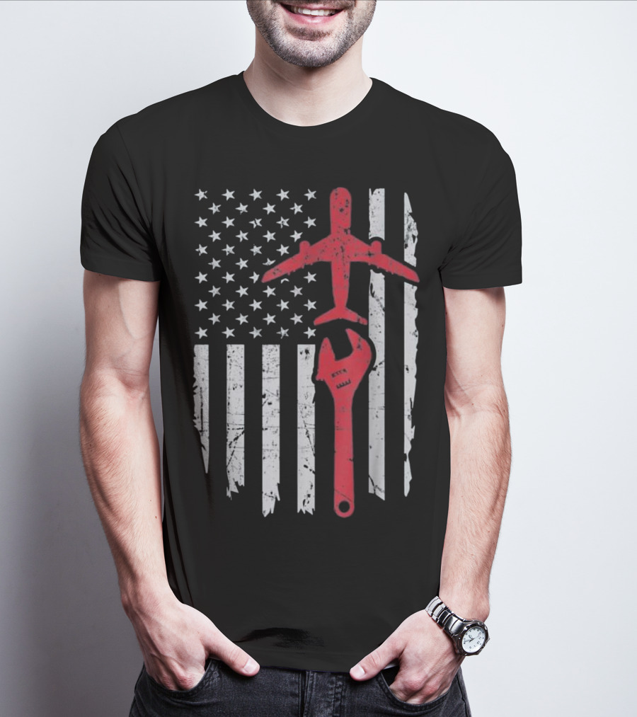 American Flag Airplane Mechanic Aviation Technician Wrench T-Shirt