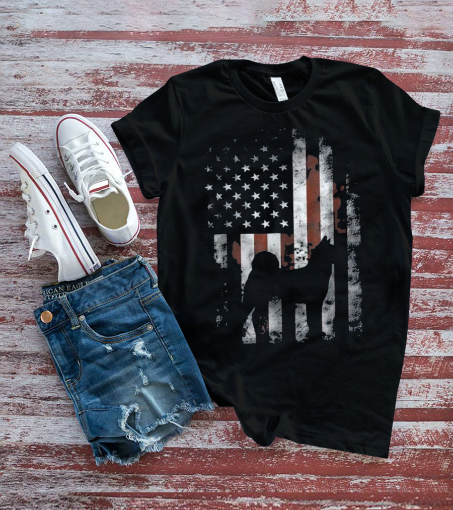 Akita Inu Silhouette Overlaid On American Flag Patriotic T-Shirt
