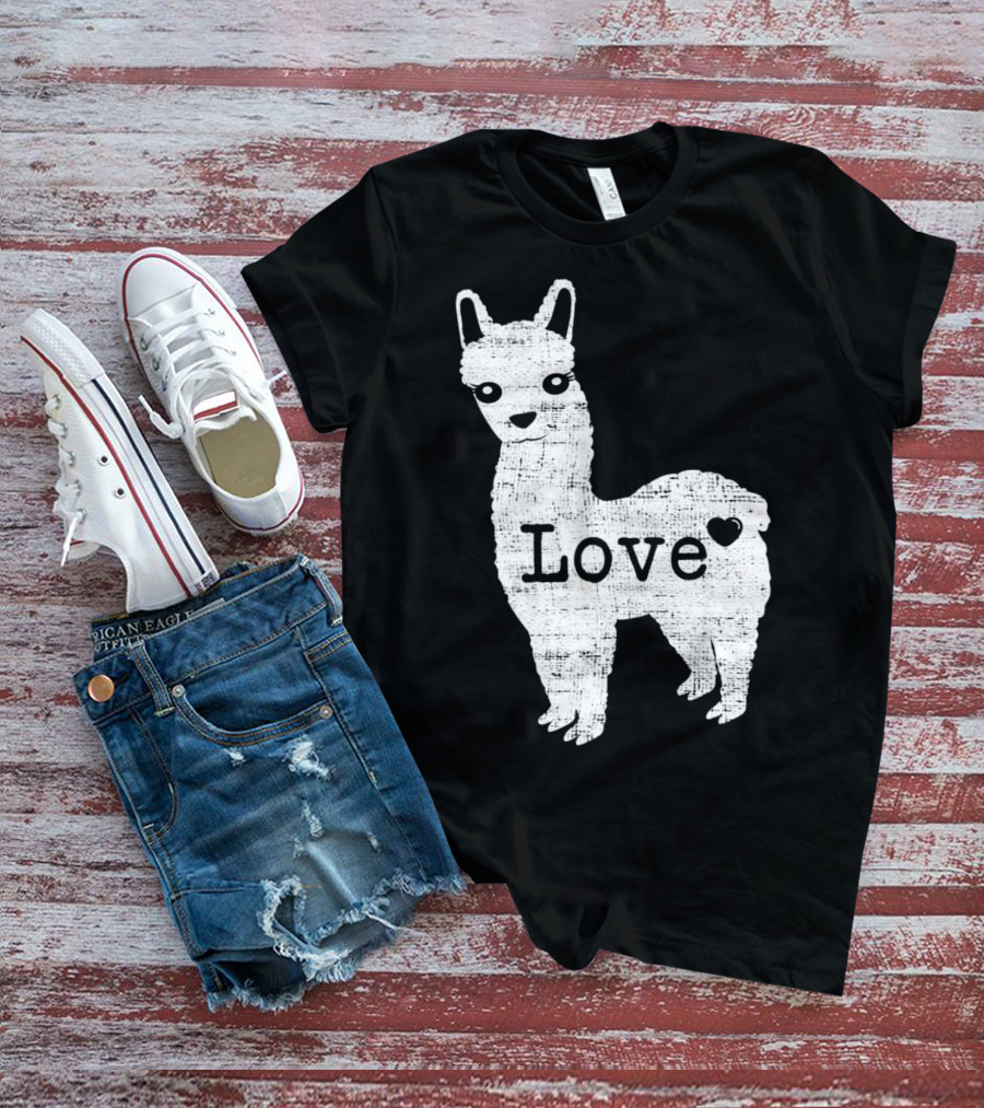 Llama Love Distressed Heart Design With Alpaca T-Shirt