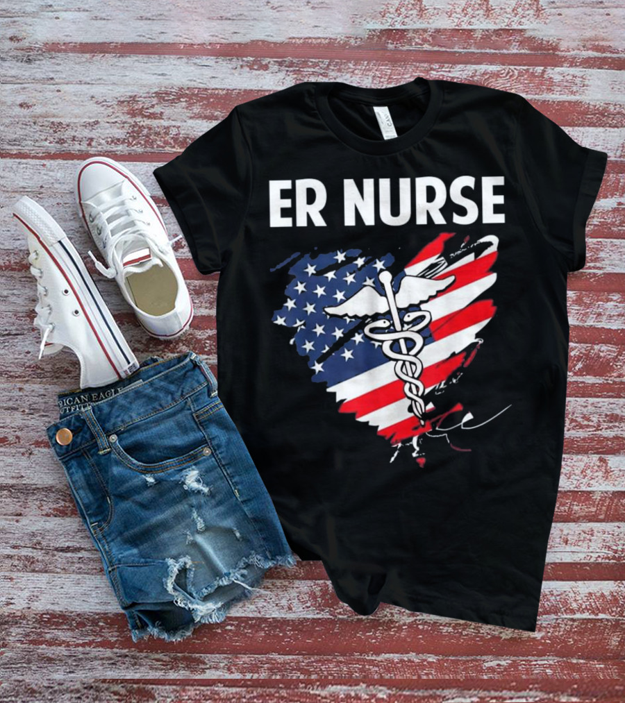 ER Nurse American Flag Caduceus Medical T-Shirt