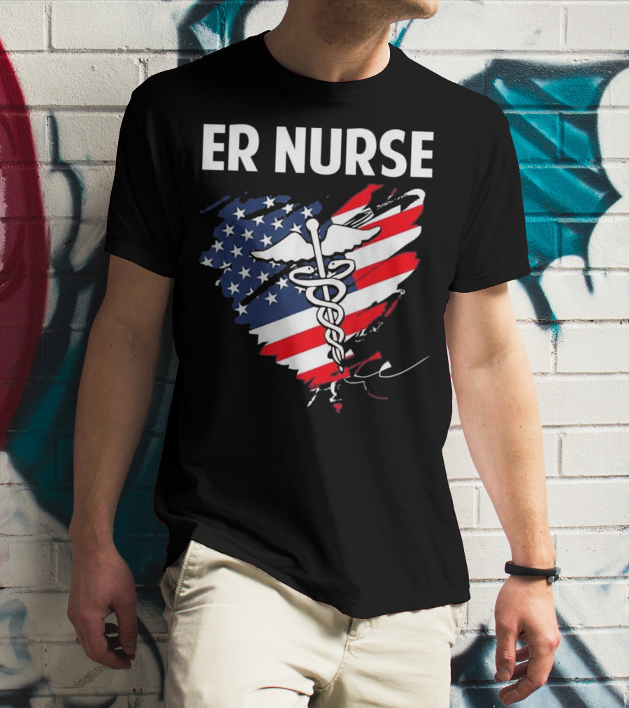 ER Nurse American Flag Caduceus Medical T-Shirt