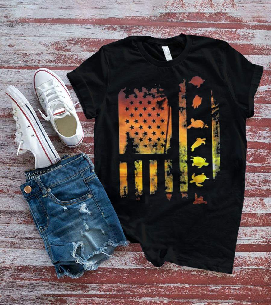American Flag Sunset Sea Turtle T-Shirt