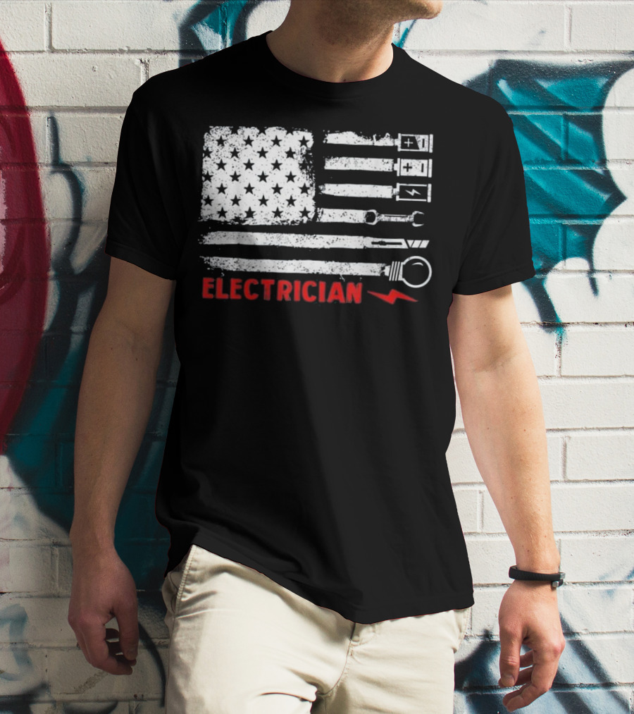 American Flag Electrician Wrench Bolt Battery Stars Stripe Icons T-Shirt