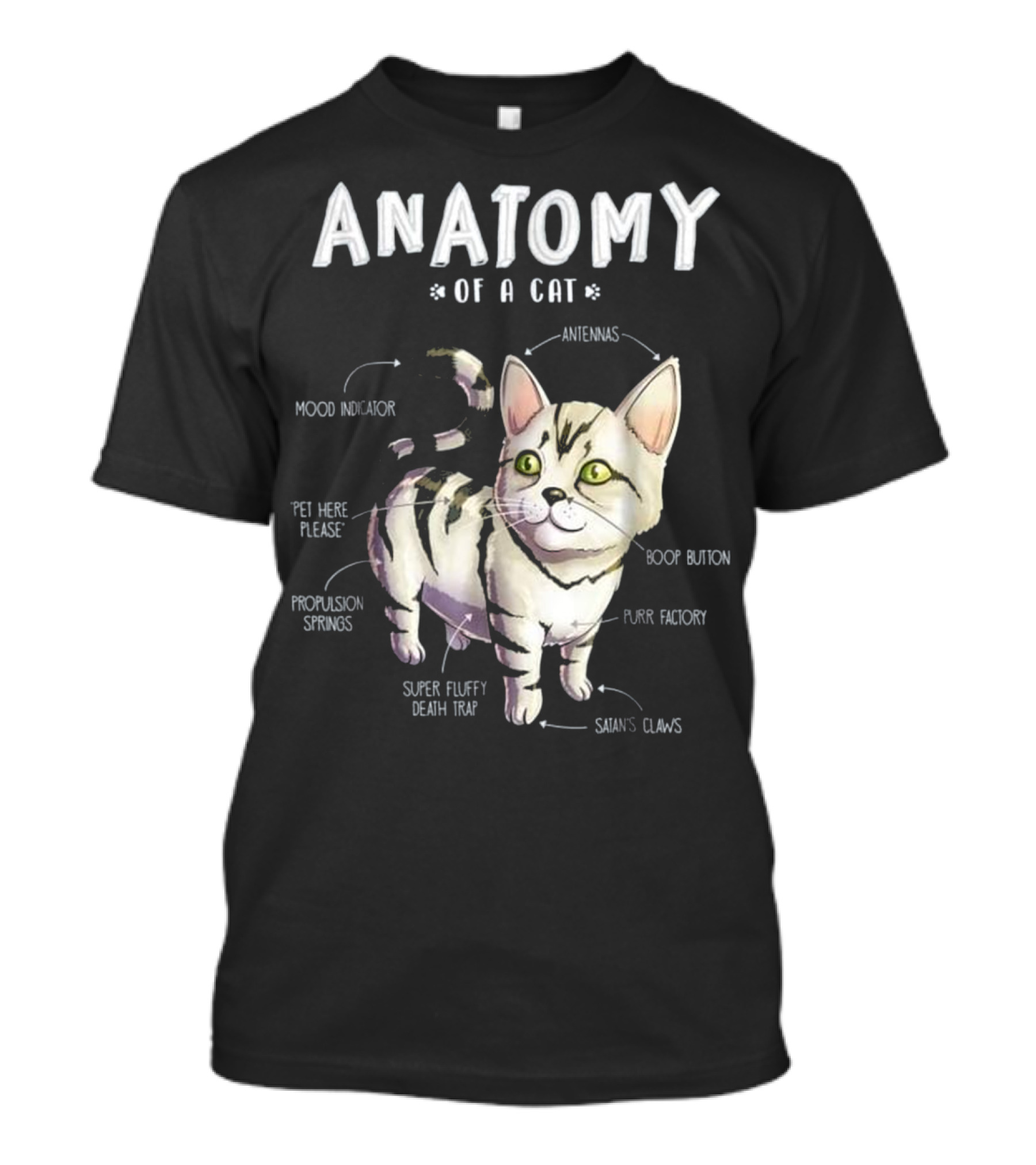 Anatomy Of A Cat Cute Funny Mood Indicator Purr Factory Boop Button Super Fluffy Death Trap T-Shirt