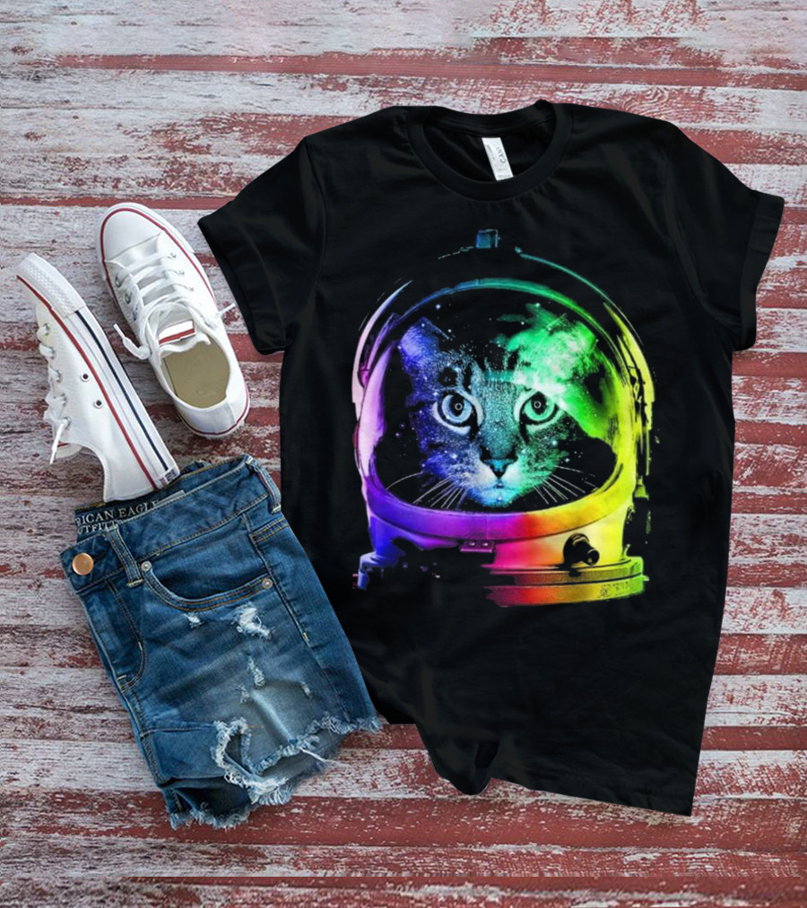 Space Cat In Astronaut Helmet With Cosmic Rainbow Colors T-Shirt