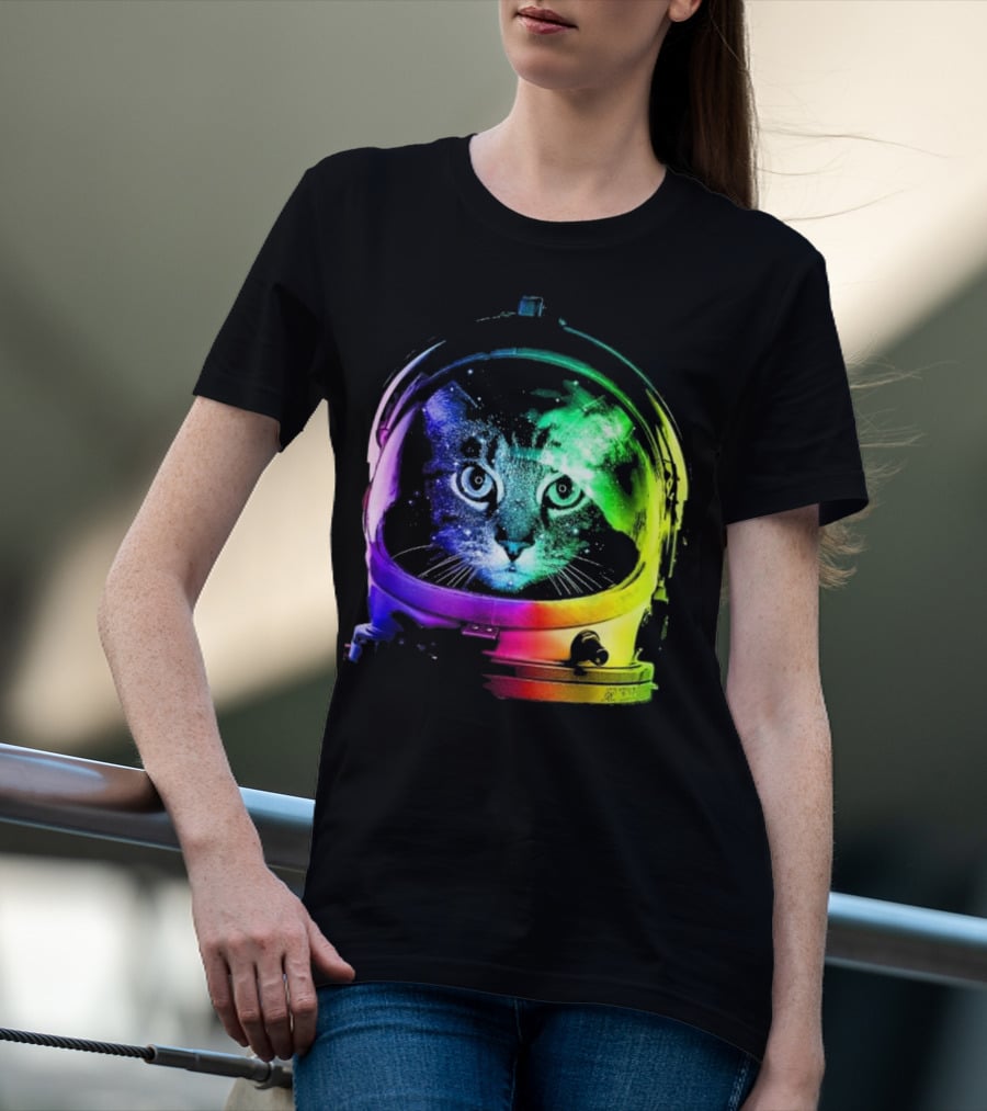 Space Cat In Astronaut Helmet With Cosmic Rainbow Colors T-Shirt