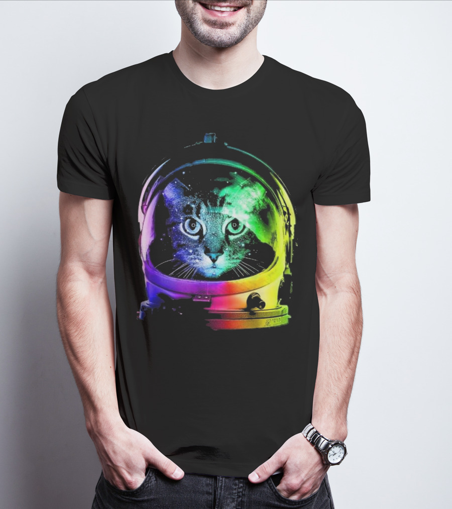 Space Cat In Astronaut Helmet With Cosmic Rainbow Colors T-Shirt