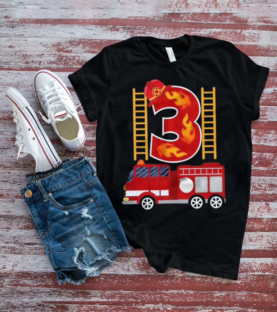 Birthday Firefighter Number 3 Fire Truck Flames Hat Ladder T-Shirt