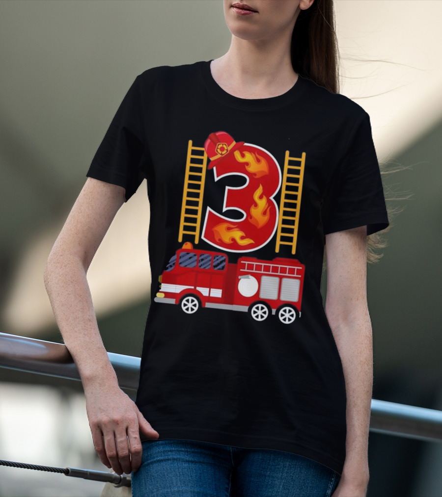 Birthday Firefighter Number 3 Fire Truck Flames Hat Ladder T-Shirt