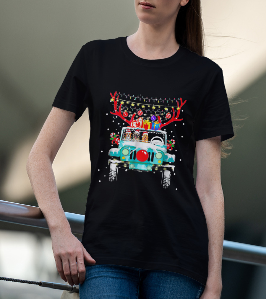 Christmas Jeep Reindeer Antlers Lights And Gifts T-Shirt