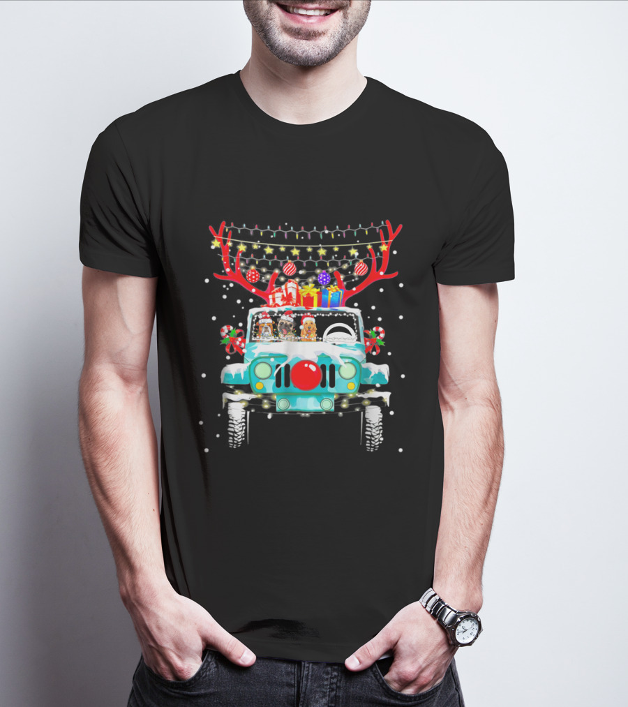 Christmas Jeep Reindeer Antlers Lights And Gifts T-Shirt