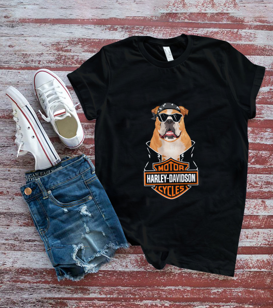 Harley Davidson Boxer Biker Dog With Sunglasses And Bandana T-Shirt