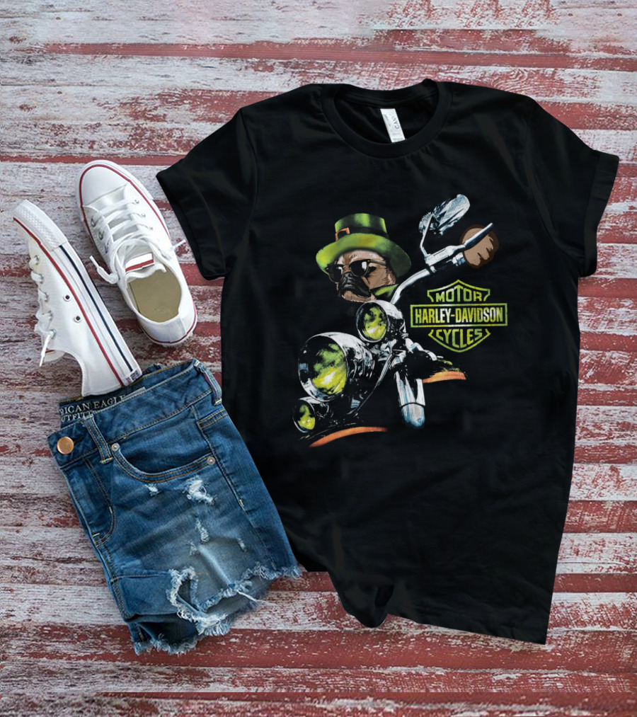 Harley Davidson Motor Cycles Pug In Green Hat Patrick Day T-Shirt