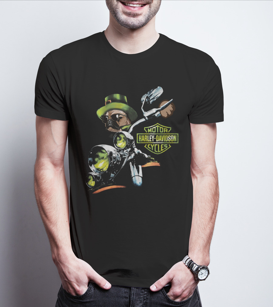 Harley Davidson Motor Cycles Pug In Green Hat Patrick Day T-Shirt