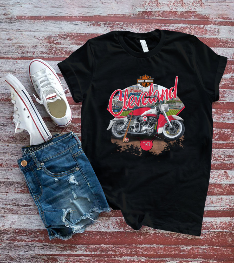 Cleveland Harley Davidson Indians Baseball Motorcycle Scene T-Shirt