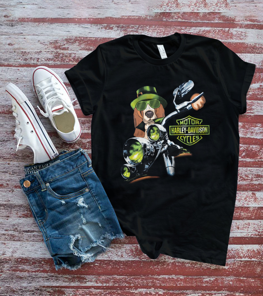Basset Hound Harley Davidson Motorcycles Green Hat And Glasses Biker T-Shirt