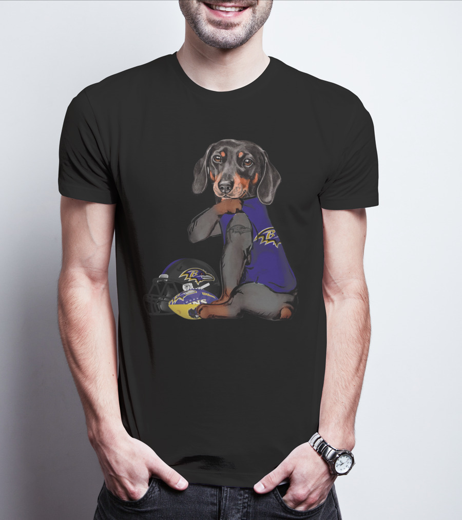 Baltimore Ravens Dachshund Wearing Team Jersey With Football Helmet T-Shirt