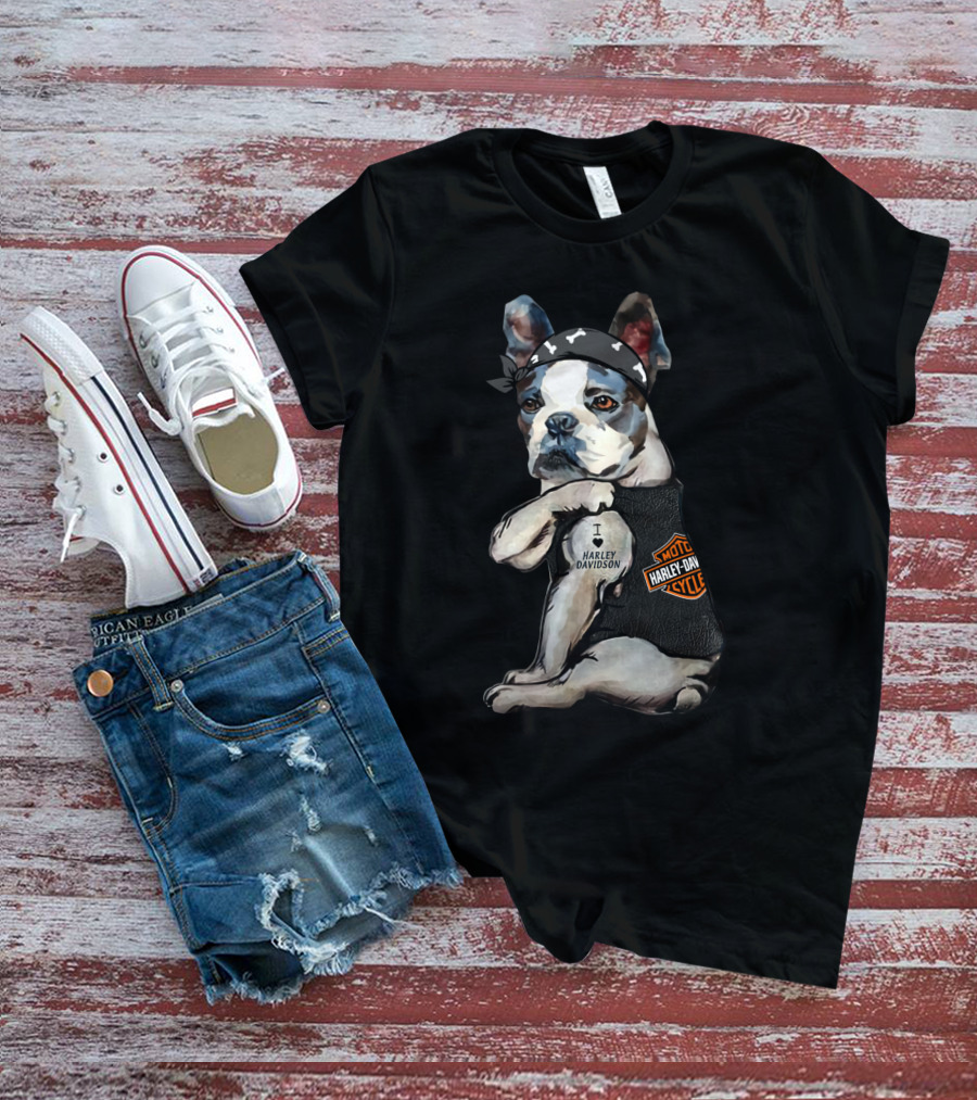 I Love Harley Davidson Boston Terrier Motorcycle Rider Theme T-Shirt