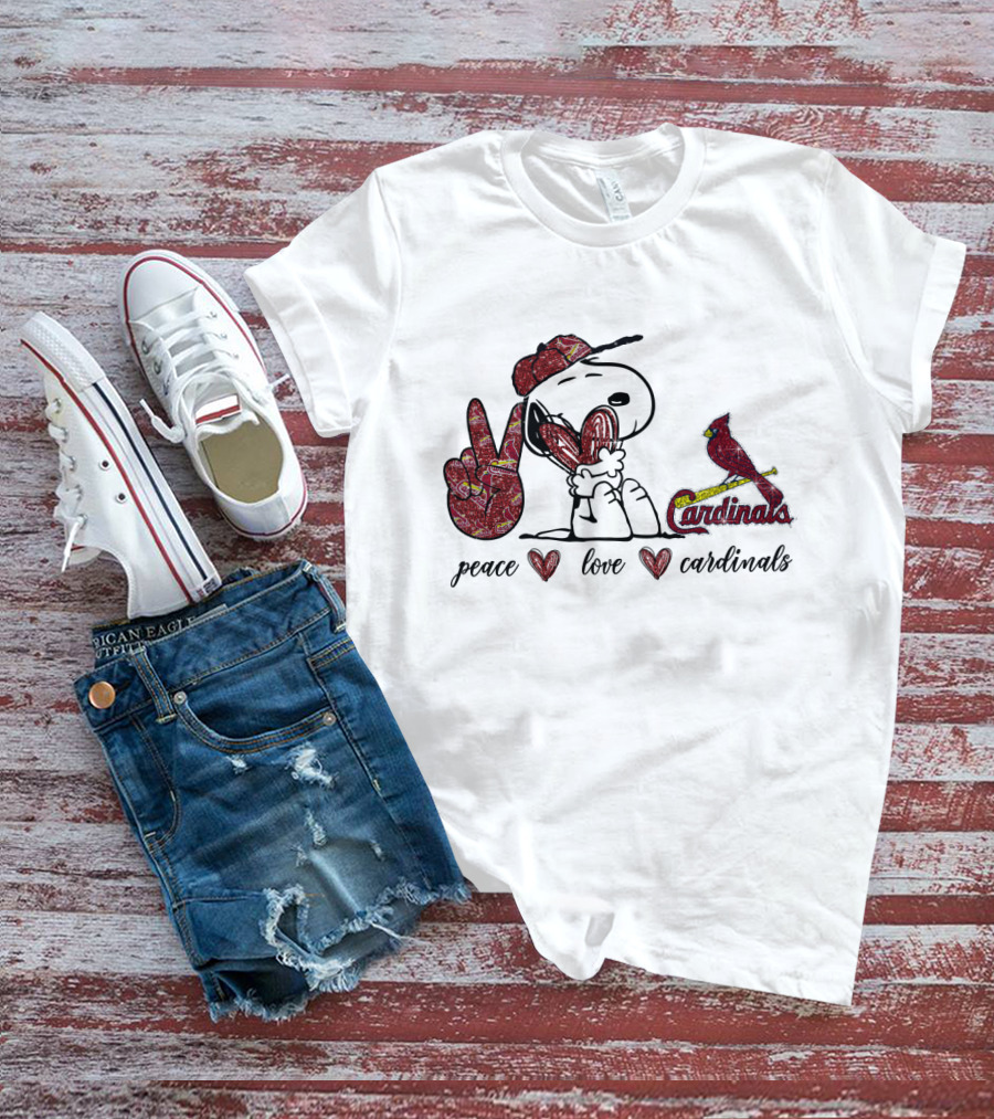 Peace Love Cardinals Snoopy Wearing Cardinals Hat T-Shirt