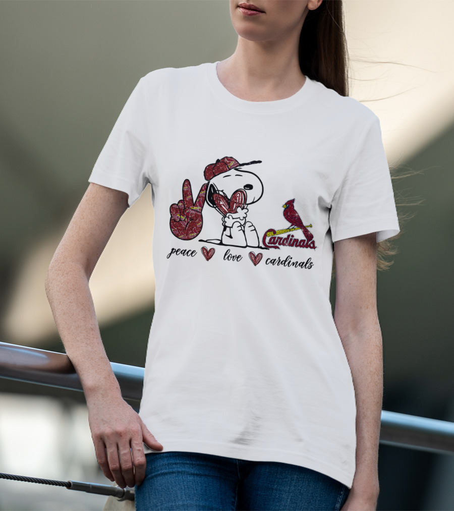 Peace Love Cardinals Snoopy Wearing Cardinals Hat T-Shirt