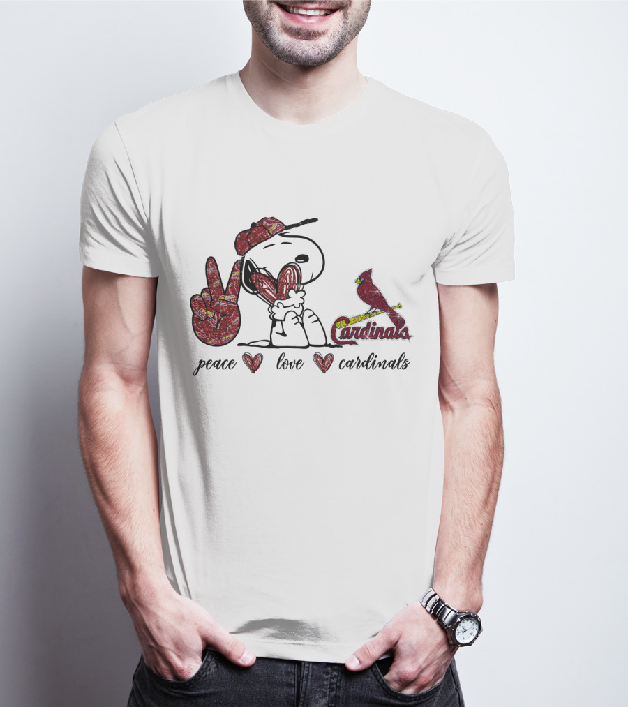 Peace Love Cardinals Snoopy Wearing Cardinals Hat T-Shirt
