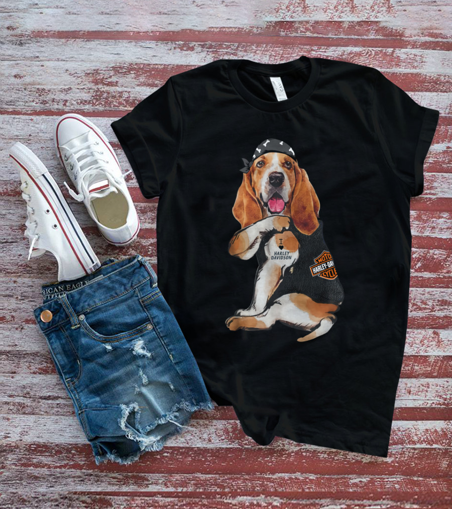 Basset Hound Harley Davidson Fan With Motorcycles Bandana T-Shirt