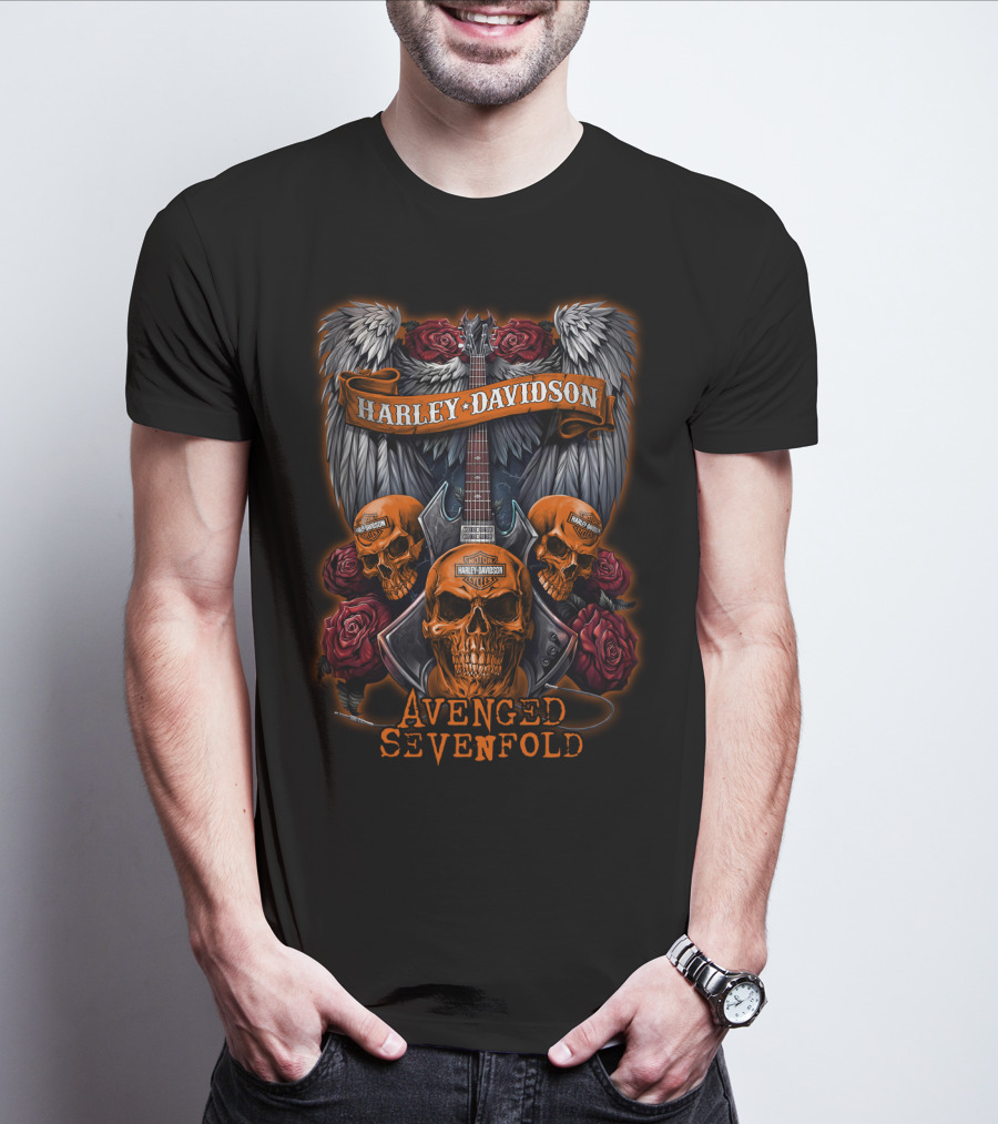 Harley Davidson Avenged Sevenfold Skull Wings Guitar Roses T-Shirt