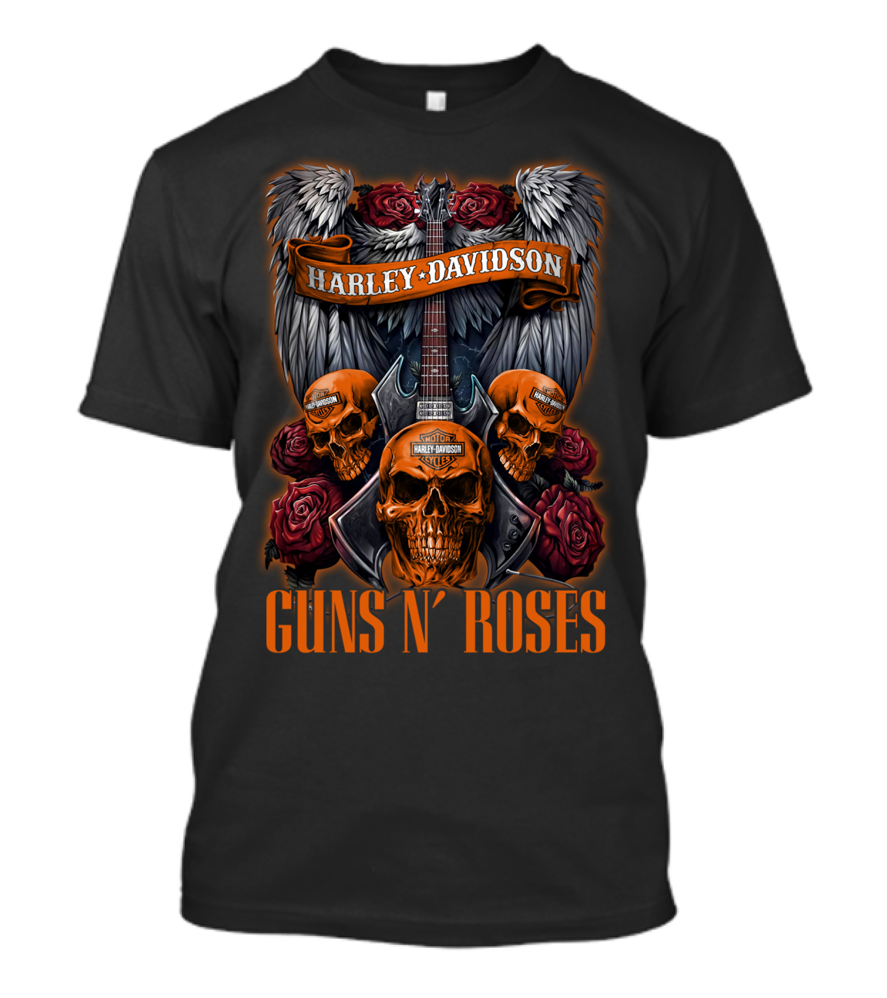 Harley Davidson Guns N' Roses Skulls Wings Roses Guitar T-Shirt