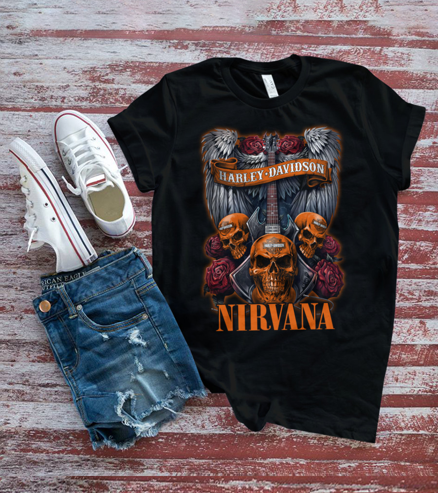 Nirvana Harley Davidson Skulls And Guitars With Wings And Roses T-Shirt