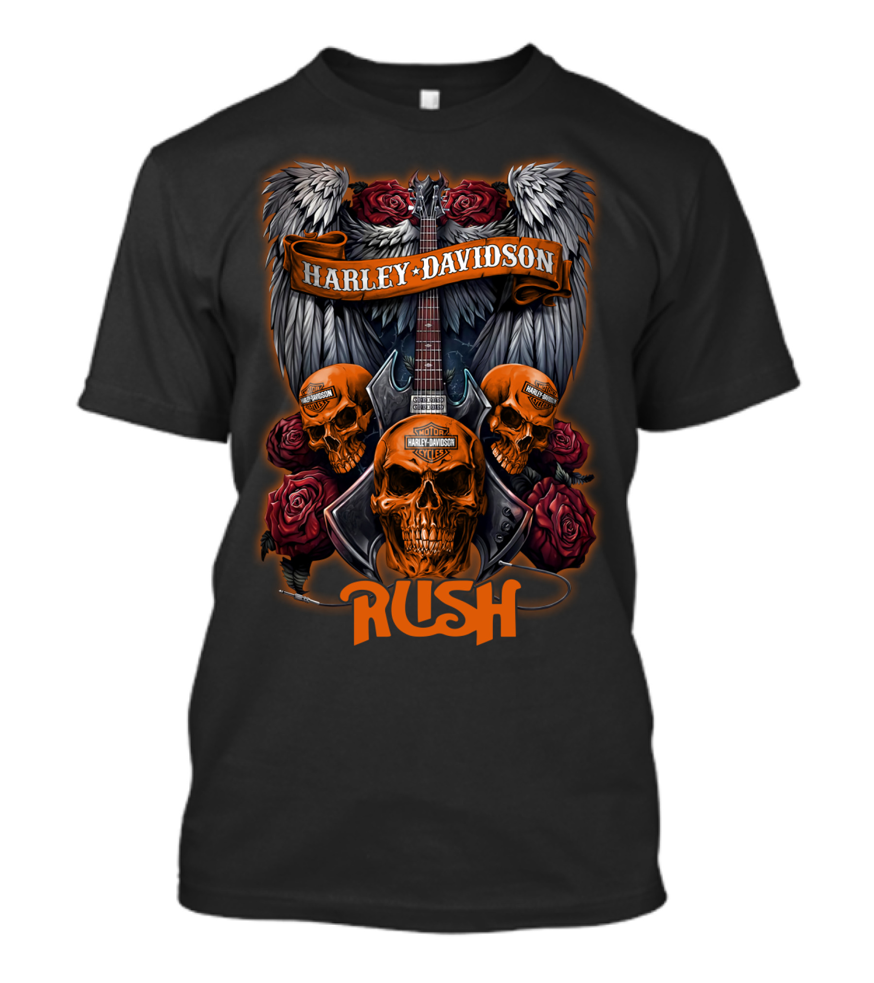 Harley Davidson Rush Skulls And Guitar With Wings And Roses T-Shirt