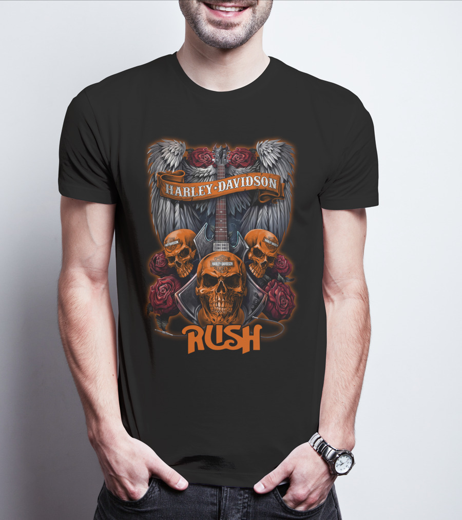 Harley Davidson Rush Skulls And Guitar With Wings And Roses T-Shirt