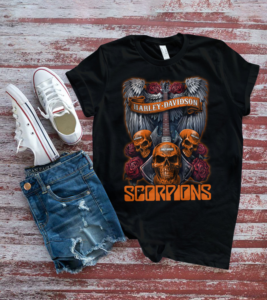 Scorpions Harley Davidson Skull Wings Roses T-Shirt