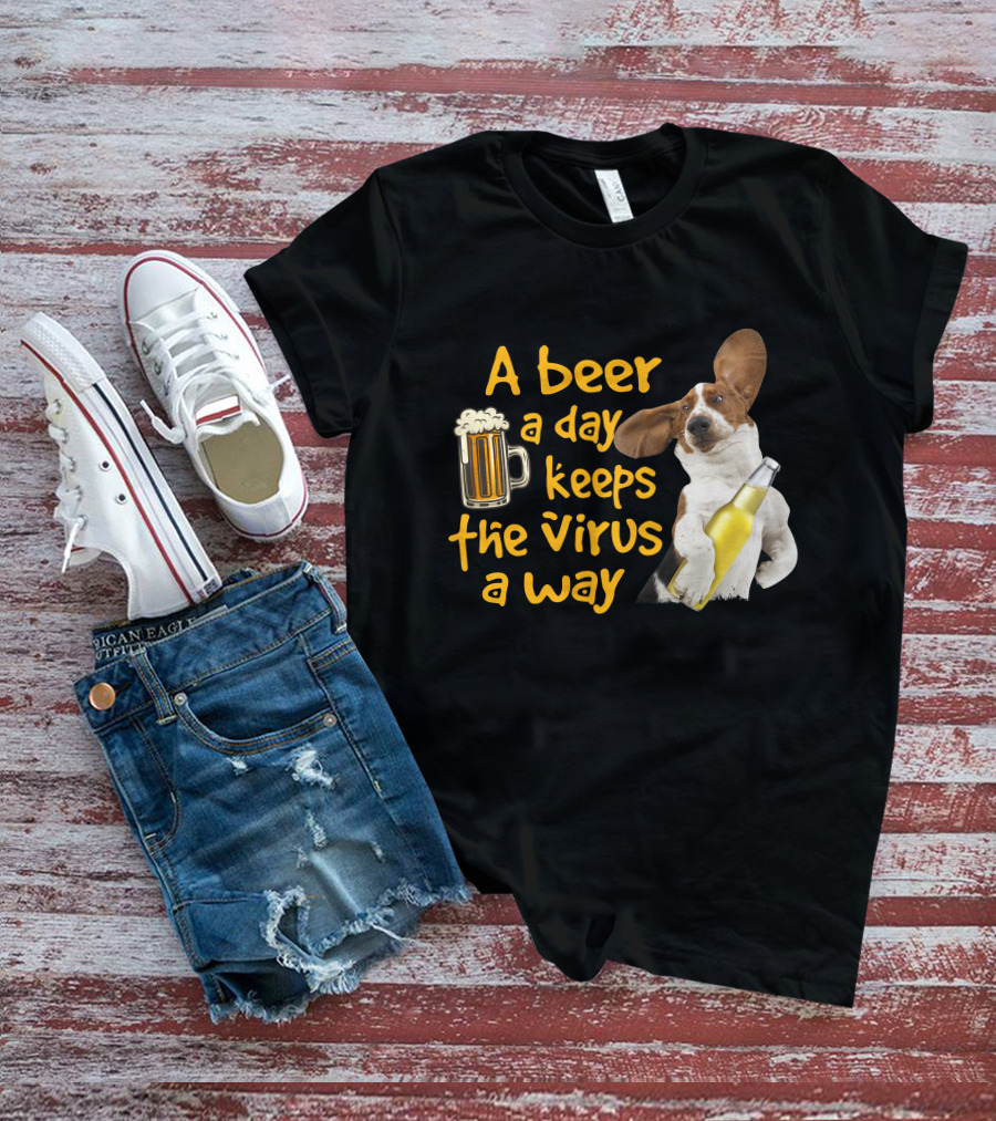 A Beer A Day Keeps The Virus Away Basset Hound Holding Beer T-Shirt