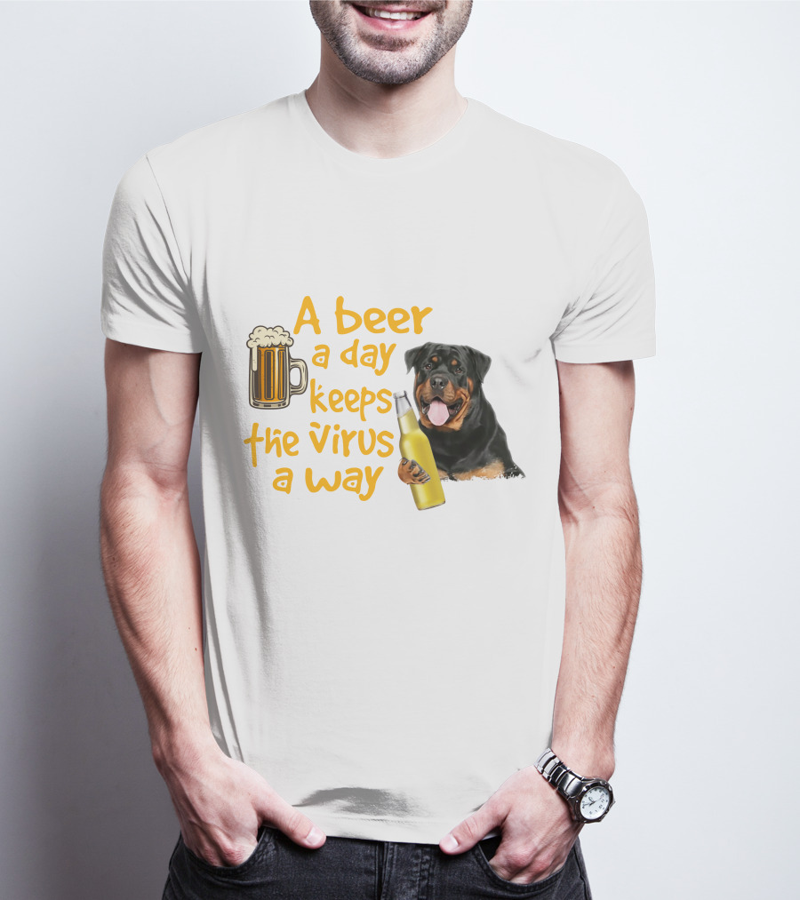 A Beer A Day Keeps The Virus Away With Rottweiler Holding Beer Bottle T-Shirt