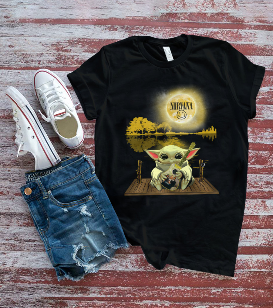 Nirvana Baby Yoda Playing Guitar Under Smiley Face Moon T-Shirt
