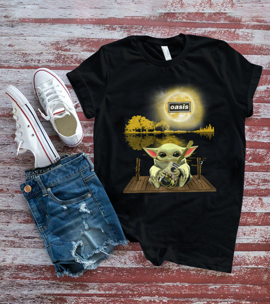 Oasis Moon And Baby Yoda With Guitar On Dock T-Shirt