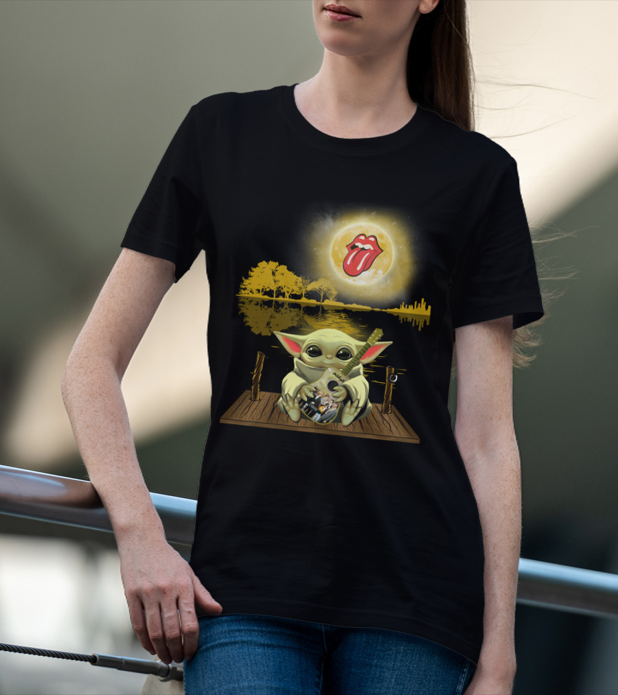 The Rolling Stones Tongue Logo And Baby Yoda With Guitar Under Moonlit Sky Trees And Lake Reflection T-Shirt