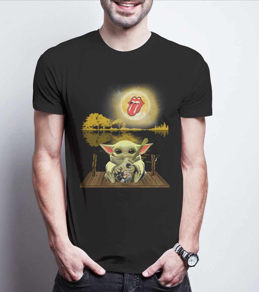 The Rolling Stones Tongue Logo And Baby Yoda With Guitar Under Moonlit Sky Trees And Lake Reflection T-Shirt