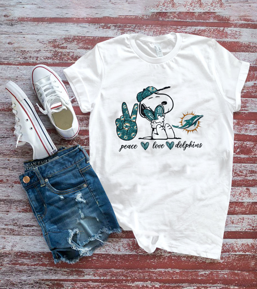 Peace Love Miami Dolphins Snoopy Fan Art Football T-Shirt