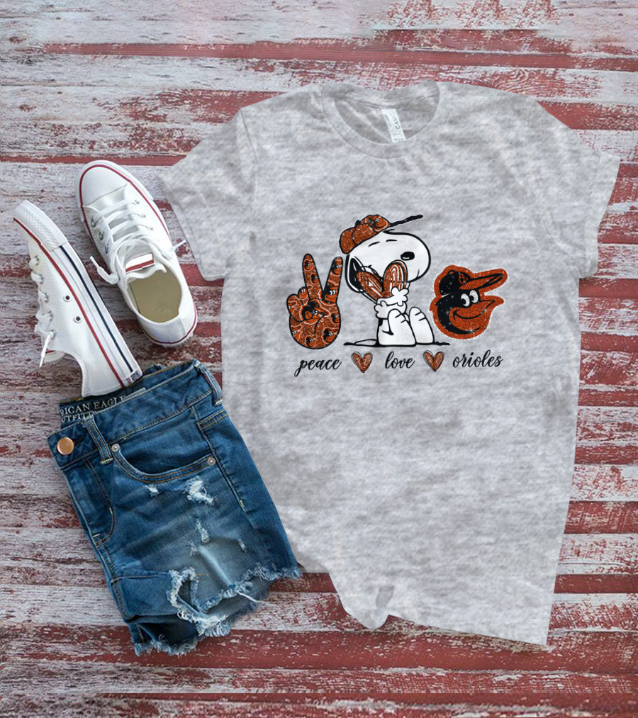 Peace Love Orioles Snoopy Style Baltimore Orioles T-Shirt