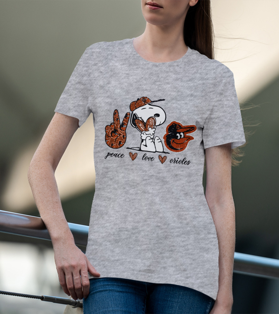 Peace Love Orioles Snoopy Style Baltimore Orioles T-Shirt