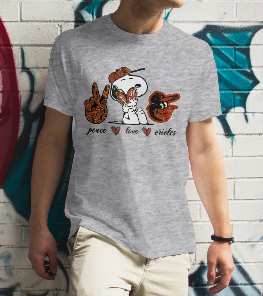 Peace Love Orioles Snoopy Style Baltimore Orioles T-Shirt