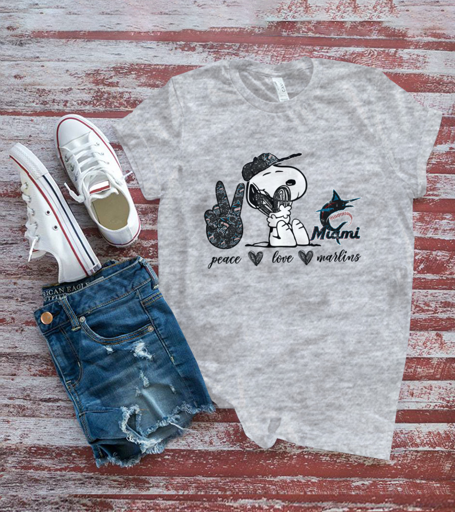 Peace Love Miami Marlins Snoopy Baseball Fan T-Shirt