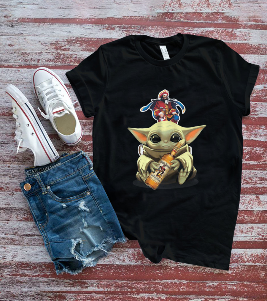 Baby Yoda Holding Captain Morgan Spiced Rum Bottle T-Shirt