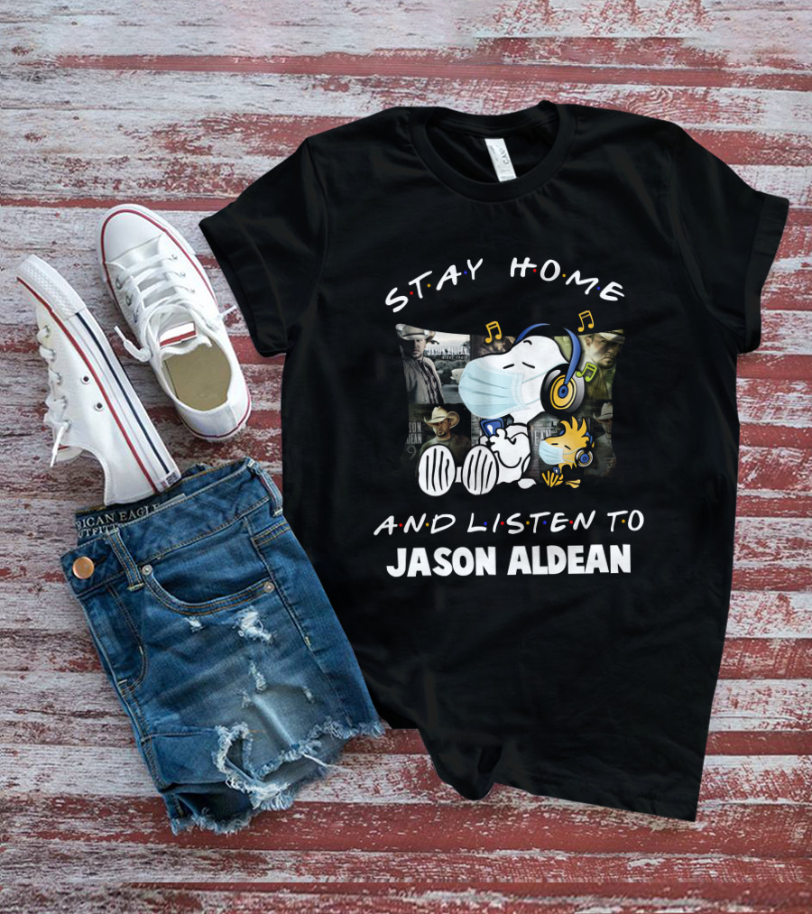 Stay Home And Listen To Jason Aldean Snoopy With Mask And Headphones T-Shirt