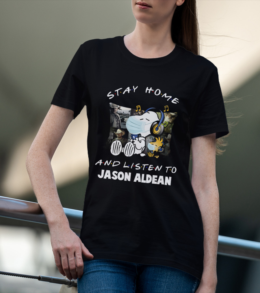 Stay Home And Listen To Jason Aldean Snoopy With Mask And Headphones T-Shirt