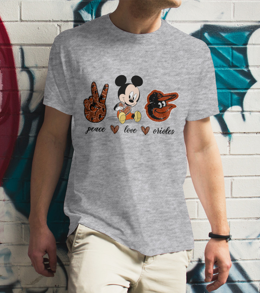 Mickey Mouse Peace Love Orioles Baseball Team T-Shirt